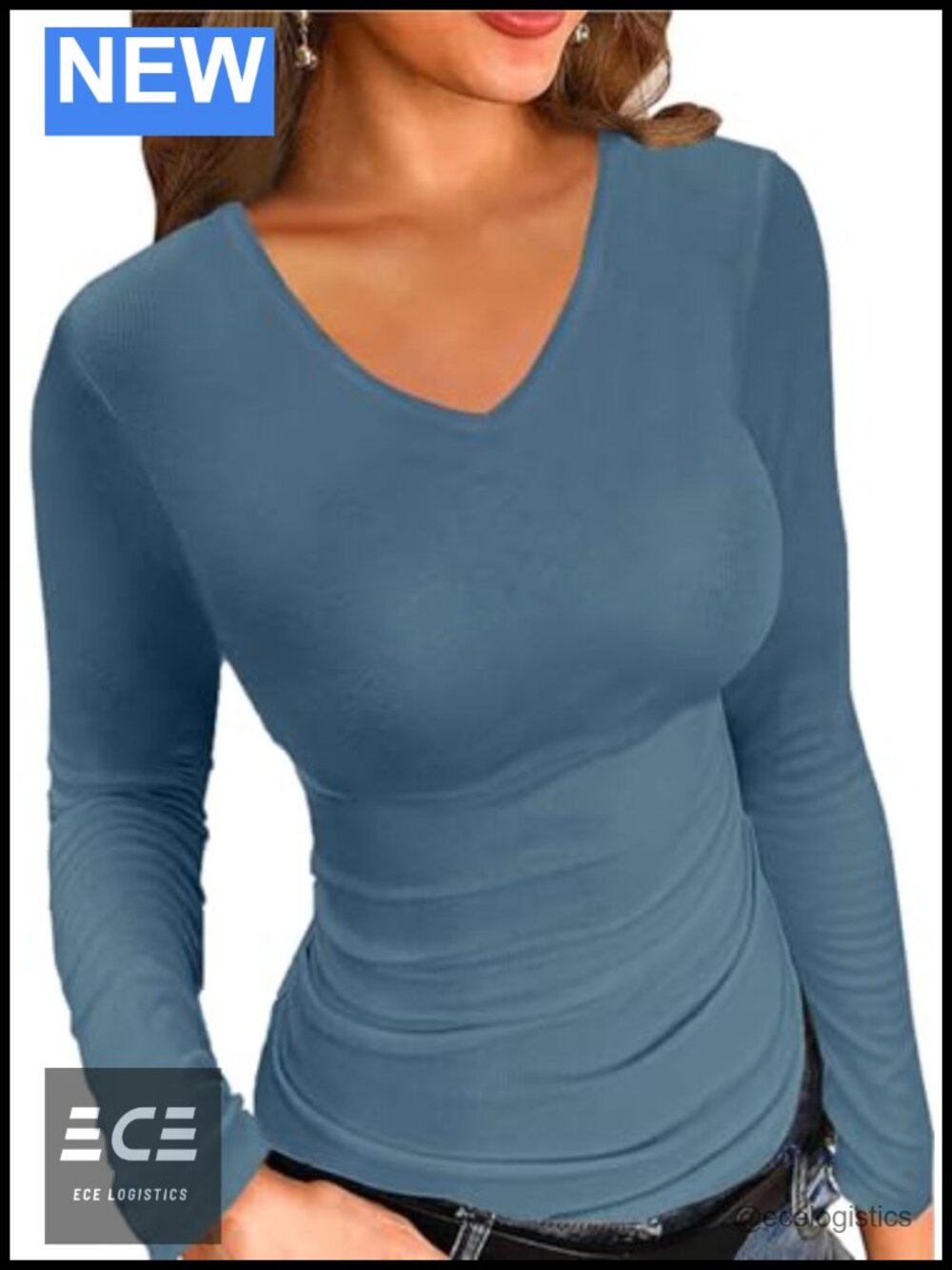 Womens Long Sleeve V Neck Ribbed Knit Fitted T Shirt Casual Basic Top